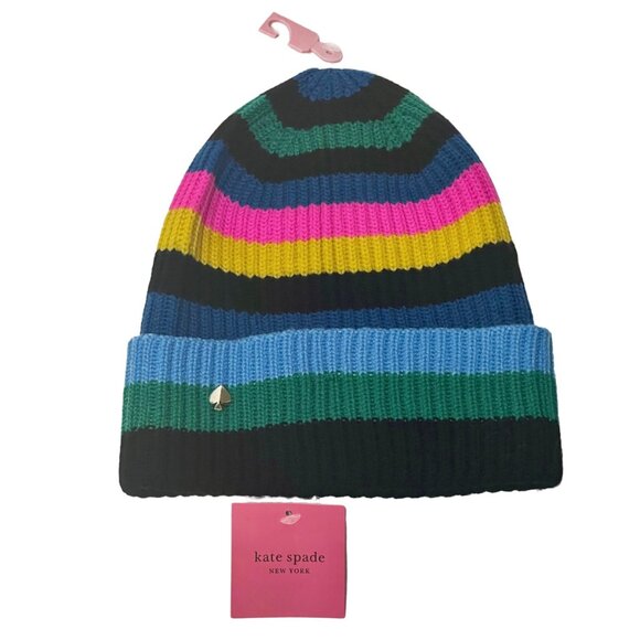 Kate Spade | Wool Striped Multicolor Winter Beanie Hat - Picture 2 of 7